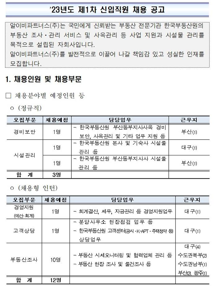 한국부동산원 자회사 알이비파트너스(주)  2023년도 제1차 신입직원 채용 공고