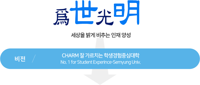 위세광명 세상을 밝게 비추는 인재양성 -> 비전 : CHARM 잘 가르치는 학생경험중심대학 No.1 for Student Experince-Semyung Univ.